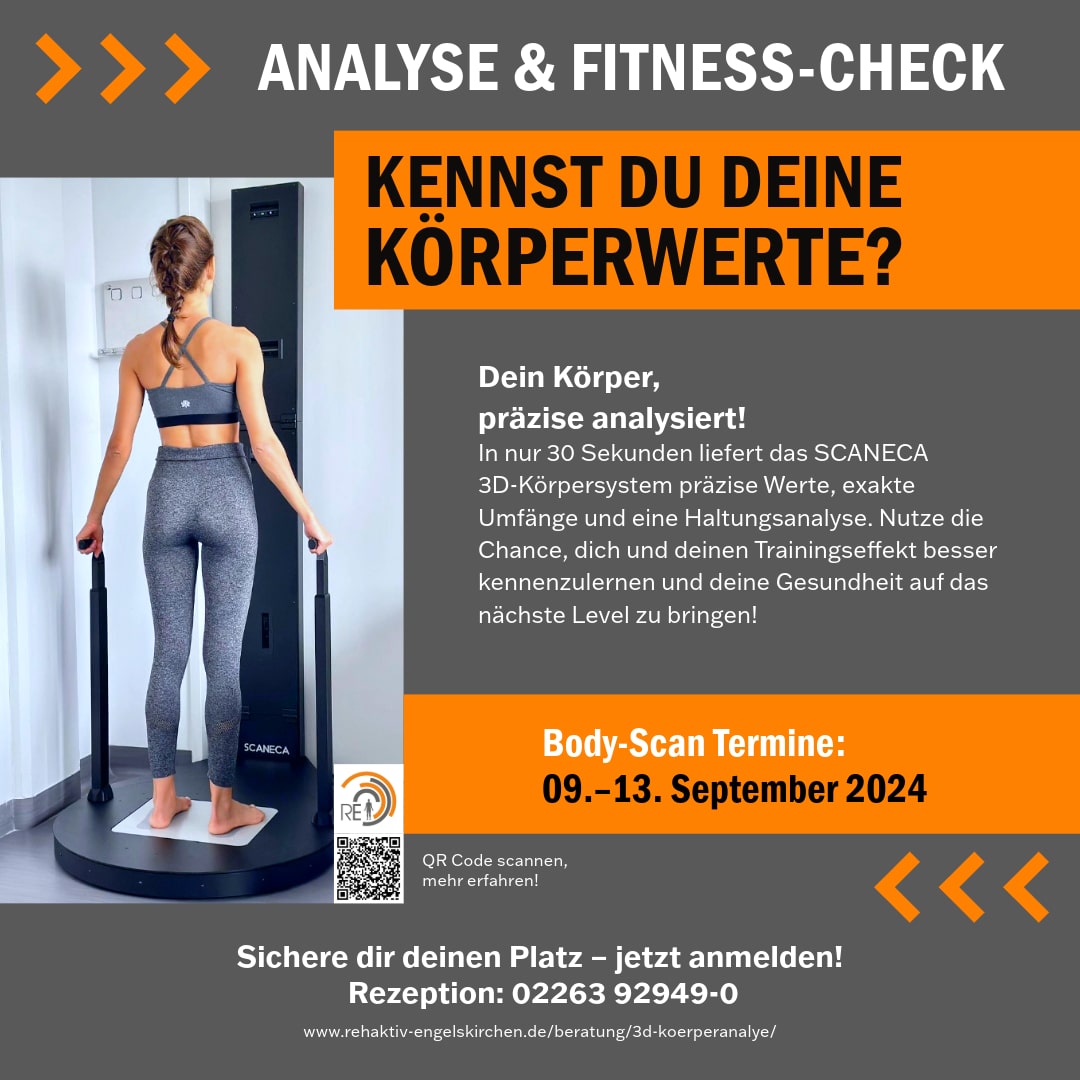 Person auf 3D-Drehplattform mit SCANECA 3D-Körpersystem. Text: "Analyse- und Fitness-Check-Woche" im Rehaktiv Engelskirchen, Body-Scan-Termine vom 09.–13. September 2024.